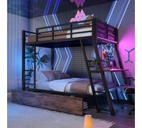 Merax Lit superposé 90x200 cm, lit d'enfant avec bureau, LED, 2 tiroirs, rampe & escalier, lit superposé en fer, noir