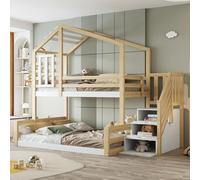 Merax Lit superposé 90x200 en haut, 140x200 en bas, lit superposé avec fenêtre, échelle de stockage, garde-corps, bois de pin Lit d'enfant, lit d'adolescent, lit surélevé, naturel+blanc