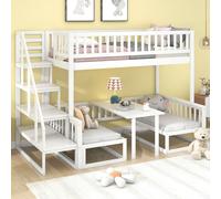 Merax Lit superposé 90x200cm/120x200cm avec escalier, table réglable et canapé en bois, lit surélevé d'enfant Lit en pin