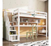 Merax Lit superposé 90x200cm avec bureau et escalier, en pin Lit d'enfant surélevé, naturel et blanc
