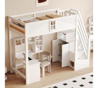 Merax Lit superposé 90x200cm avec échelle de rangement, lit d'enfant en bois massif, porte de sécurité avec fenêtre, échelle montable à gauche/à droite, blanc