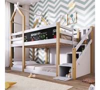 Merax Lit superposé 90x200cm avec escalier et tableau, lit d'enfant avec protection contre la chute, lit surélevé avec sommier à lattes, lit de maison en pin lit superposé lit simple