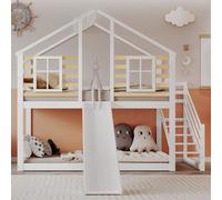 Merax Lit superposé 90x200cm avec escalier et toboggan, lit d'enfant avec protection contre les chutes, lit superposé avec barreaux et fenêtre, lit en bois massif pour adolescents, blanc