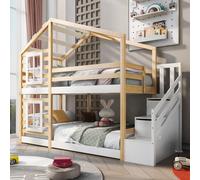 Merax Lit superposé 90x200cm avec escalier et toit, lit surélevé avec protection contre les chutes, lit superposé de maison en bois massif avec sommier à lattes pour 2 enfants, blanc