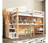 Merax Lit superposé 90x200cm avec escalier, lit surélevé avec bureau et bibliothèque, lit simple lit d'enfant avec protection contre les chutes, lit d'adolescent avec sommier à lattes