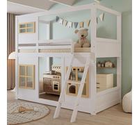 Merax Lit superposé 90x200cm avec fenêtre, lit d'enfant avec clôture sur quatre côtés, échelle stable, lit d'adolescent en pin et MDF, blanc+naturel