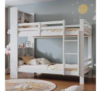 Merax Lit superposé 90x200cm avec protection contre la chute, étagères de rangement et échelle à angle droit, cadre de lit en bois massif Lit d'enfant surélevé, blanc