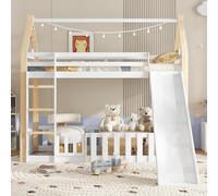 Merax Lit superposé 90x200cm avec toboggan amusant, lit d'enfant avec forme de toit, espace libre avec clôture, sommiers à lattes stables et échelle, pin + MDF,Blanc+Naturel