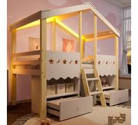 Merax Lit superposé 90x200cm, lit à mi-hauteur, forme maison Lit d'enfant avec 2 tiroirs, LED, étagères, échelles, lit surélevé, lit superposé, bois massif, blanc+naturel