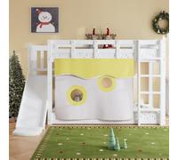 Merax Lit superposé avec toboggan, lit en bois avec escalier, clôtures et rideau de lit, lit pour enfant avec protection anti-chute, MDF + pin, blanc, 90 x 200 cm