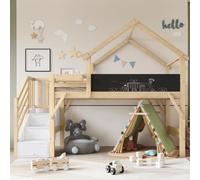 Merax Lit superposé avec toit design toit, lit pour enfant avec protection anti-chute et grille, tableau graffiti, 3 casiers dans l'escalier, pin + MDF, blanc + naturel, 90 x 200 cm