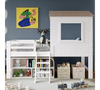 Merax Lit superposé d'enfant 90x200 avec escalier,lit de maison en pin et MDF, lit mi-hauteur avec toit,lit de garçon fenêtre, clôture, espace de rangement,blanc + naturel