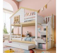 Merax Lit superposé d'enfant 90x200 cm, avec lit gigogne 90x190 cm, design maison avec fenêtres, échelle de rangement, bois massif, lit surélevé, lit superposé, blanc+naturel