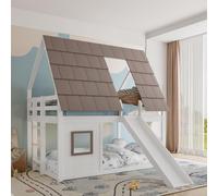 Merax Lit superposé en bois 140x200 avec toit, échelle et toboggan, lit d'enfant, lit d'adolescent, lit superposé en bois pour chambre d'enfant, blanc+marron