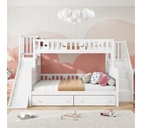 Merax Lit superposé en Bois Massif 90x200+140x200 cm avec Toboggan sécurisé, échelle avec étagère, 2 tiroirs de Rangement et sommier à Lattes - Blanc