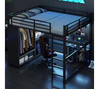 Merax Lit superposé en fer avec éclairage LED, bureau, armoire ouverte et compartiments de rangement, 160 x 200 cm, noir, idéal pour chambre d'adolescent ou de jeux