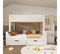 Merax Lit superposé Enfants avec escalier Rangement et tiroirs, lit cabane traîneau Bois Massif Blanc 90x200+140x200 cm, lit Double (sans Matelas)