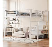 Merax lit superposé lit haut 140×200cm, avec étagères, échelle de rangement, garde-corps sûr, lit en fer, lit superposé, lit d'enfant, lit de jeune, blanc