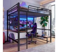 Merax lit superposé lit haut 140x200 cm, avec bureau, planche perforée, étagères, lit en fer avec barre de LED, USB & Type-C, lit d'enfant, lit superposé, noir
