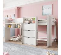 Merax Lit superposé Lit mi-hauteur 90x200 cm, forme maison Lit d'enfant avec étagères, 3 abattants, rampe, lit surélevé, lit superposé, lit d'adolescent, bois massif, blanc