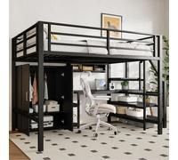 Merax Lit superposé Lit surélevé 140x200 cm, lit d'enfant avec bureau, armoire, échelle de rangement, étagère, métal Lit d'adolescent, lit superposé, noir