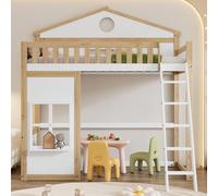 Merax Lit Superposé Maison avec Toit et Fenêtres, Échelle, Protection Antichute, Cadre en Pin et MDF, 90x200cm, Blanc et Nature,Matelas Non Inclus