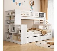 Merax Lit superposé multifonction pour enfants, avec planche graffiti, 140 x 200 cm et 90 x 200 cm, avec escalier de rangement, armoires de rangement et tiroirs, blanc, en bois de pin, sans matelas