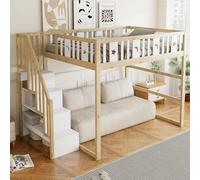 Merax Lit superposé pour enfant 140 x 200 cm, cadre mezzanine en bois massif avec rampe de sécurité, escalier avec étagères, peu encombrant, couleur bois et blanc (sans matelas, sans canapé)
