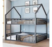 Merax Lit superposé pour enfant 140 x 200 cm, en métal, avec escalier, cadre en forme de maison, lit inférieur avec porte pour ouvrir et fermer, noir (sans matelas)