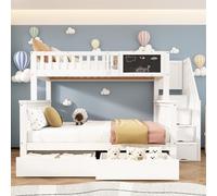 Merax Lit superposé pour enfant 90 x 200 + 140 x 200 cm avec tableau, tiroirs, escalier et rampe de sécurité, lit mezzanine multifonction, blanc, bois massif