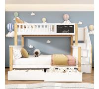 Merax Lit superposé pour enfant 90 x 200 cm + 140 x 200 cm avec tableau, tiroirs, escalier de rangement, rampe de sécurité, blanc + chêne clair, lit mezzanine multifonction
