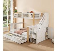 Merax Lit superposé pour enfant 90 x 200 cm et 140 x 200 cm, multifonction, avec tiroir, armoire d'escalier et armoire de rangement, pour chambre d'enfant, blanc + couleurs naturelles (sans matelas)