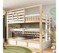 Merax Lit superposé pour enfant, 90 x 200 cm, peu encombrant, avec espace de rangement hydraulique, fenêtre, protection contre les chutes, escalier, lit pour enfant, lit en bois, style cabane, sans