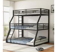 Merax Lit superposé triple 90x200, 120x200, 140x200, cadre métallique avec 2 échelles, lit superposé, lit pour enfants, lit pour adolescents, lit en fer, noir