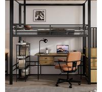Merax Lit surélevé 90x200 avec escalier, lit d'enfant avec penderie et compartiments, fenêtre avec aimant, étage inférieur libre, fer + MDF, noir+naturel