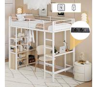 Merax Lits superposés Lit d'enfant 90x200 cm, lit superposé avec prise électrique & USB, bureau, étagères, tringle à vêtements, lit en fer, lit surélevé adolescent, blanc