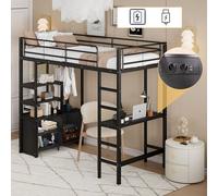 Merax Lits superposés Lit d'enfant 90x200 cm, lit superposé avec prise électrique & USB, bureau, étagères, tringle à vêtements, lit en fer, lit surélevé adolescent, noir