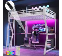 Merax Lits superposés Lit superposé 140x200 cm, lit d'enfant, avec barre de LED, bureau, rangement pour ordinateur, prise électrique+USB, lit surélevé, lit en fer lit d'adolescent, blanc