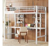 Merax Lits superposés Lit superposé 90x200 cm, lit d'enfant avec bureau, étagères, table d'ordinateur, lit superposé métallique pour enfants et adolescents, blanc