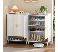 Merax Lot de 2 armoires à chaussures modernes à 4 étages avec 2 portes et étagères réglables, dispositif anti-basculement, organisateur d'étagères en bois pour couloir, entrée, blanc et doré