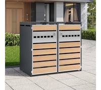 Merax Lot de 2 cache-poubelles avec couvercle à charnière hydraulique, avant perforé horizontalement, aspect bois, résistant à la rouille, verrouillable, idéal pour l'extérieur, le jardin et la cour