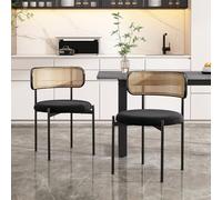 Merax Lot de 2 chaises de cuisine modernes avec dossier en rotin, chaises de salle à manger avec quatre pieds de support en métal, velours, noir