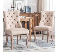 Merax Lot de 2 chaises rembourrées à 4 Pieds, en Velours, avec Dossier Haut, matelassées à Boutons, Structure en Bois Massif, Beige