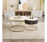 Merax Lot de 2 tables basses 70 x 70 cm + 50 x 50 cm, aspect marbre avec décor doré, table d'appoint avec tiroirs, pieds réglables en hauteur, blanc et doré