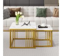 Merax Lot de 2 tables basses carrées aspect marbre brillant - 60 x 60 x 45 cm et 45 x 45 x 40 cm, tables gigognes avec pieds dorés, table basse, table d'appoint pour salon