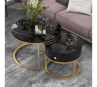 Merax Lot de 2 tables basses rondes d'appoint avec tiroir et pieds métalliques dorés, aspect marbré brillant en bois, noir