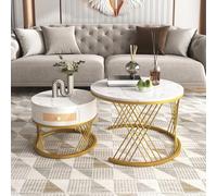 Merax Lot de 2 tables basses rondes de salon avec placage en marbre, table basse en bois massif avec tiroir, structure en métal, blanc et doré