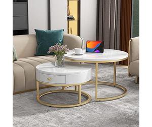 Merax Lot de 2 Tables Basses Rondes, Modernes, avec Motif marbre Brillant, pour Salon, Table d'appoint avec tiroir pour Salle de réception, Balcon et Bureau, Structure en métal, Blanc