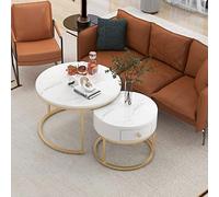Merax Lot de 2 tables basses rondes, table d'appoint moderne pour salon avec tiroir, piétement en métal doré, motif marbre, tables de canapé pour chambre, balcon, bureau, Blanc