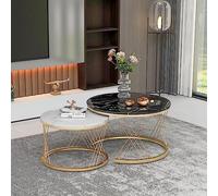 Merax Lot de 2 tables basses rondes, table d'appoint moderne pour salon, table de balcon et de bureau, avec structure en métal doré, motif marbre, Noir & Blanc
